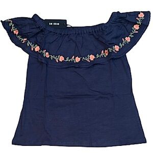 Miss Me Navy Blue Floral Embroidered Off Shoulder Top